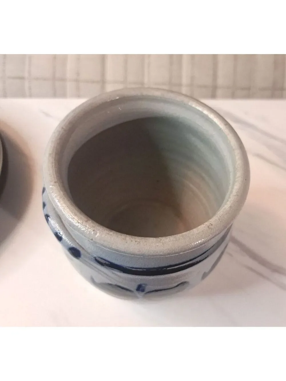 Vintage Williamsburg Pottery Salt Glaze Mini Crock Cobalt & Gray 2 Handled 4